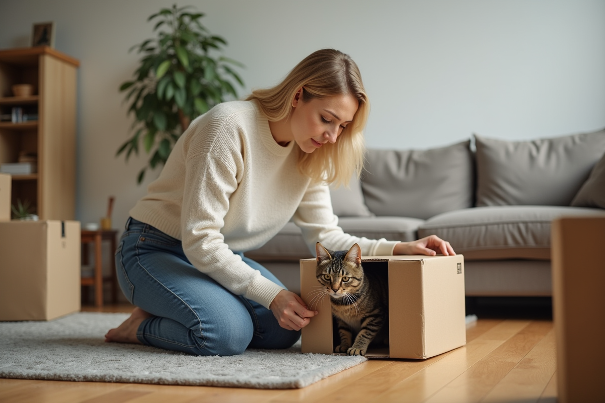 Femme kneeling avec un chat dans un appartement en transition