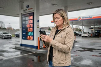 Femme comparant les prix du gaz à une station-service Leclerc sur son smartphone