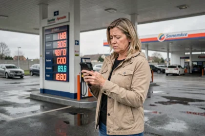 Femme comparant les prix du gaz à une station-service Leclerc sur son smartphone