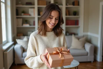 Femme ouvrant une box cadeau Que J'adore Paris dans un appartement parisien cosy
