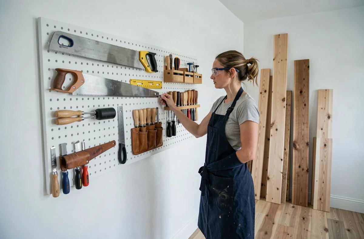 Femme débutante choisissant des outils de menuiserie sur un panneau perforé dans un atelier maison organisé