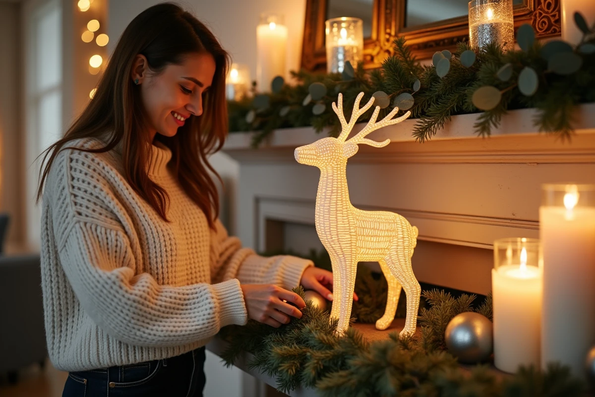 Femme arrangeant une scène féerique de Noël autour d'un renne décoratif lumineux en osier sur une cheminée décorée de guirlandes de feuilles d'eucalyptus et bougies blanches