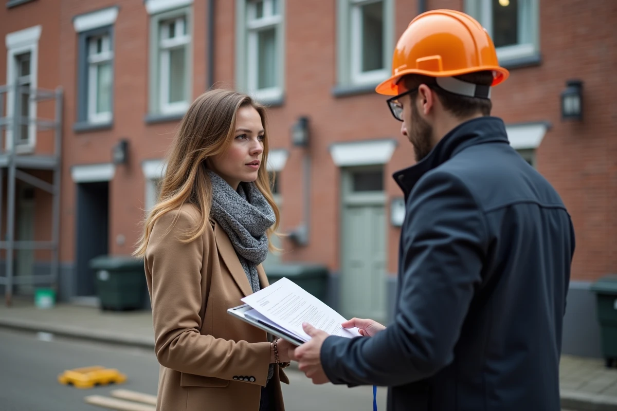 Femme discutant renovation avec un entrepreneur devant sa maison