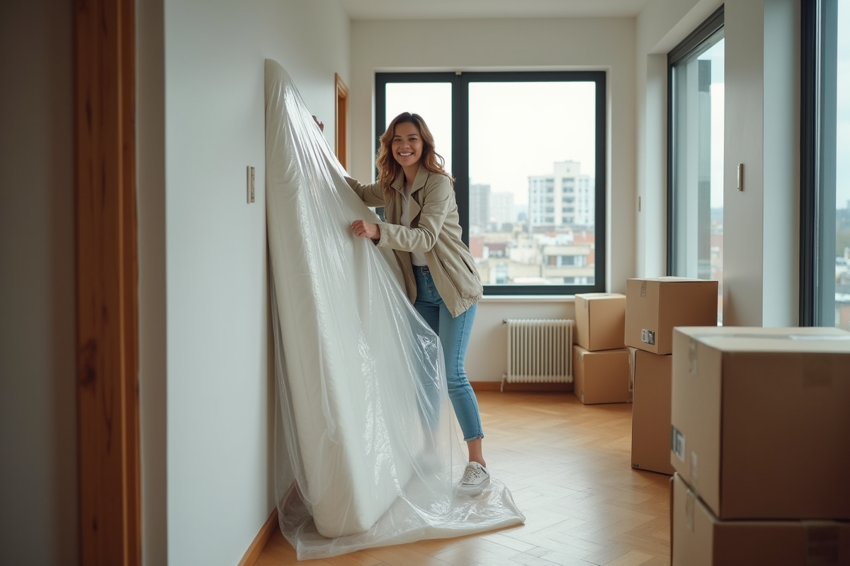 Femme emballant un matelas dans un couloir d