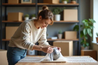 Femme emballant une sculpture en métal dans un atelier lumineux