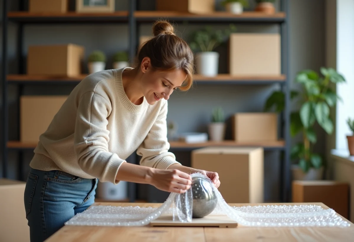 Femme emballant une sculpture en métal dans un atelier lumineux