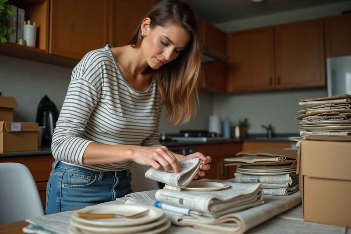 Femme emballant des assiettes anciennes avec journaux