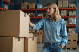 Femme inspectant des cartons dans un entrepôt moderne