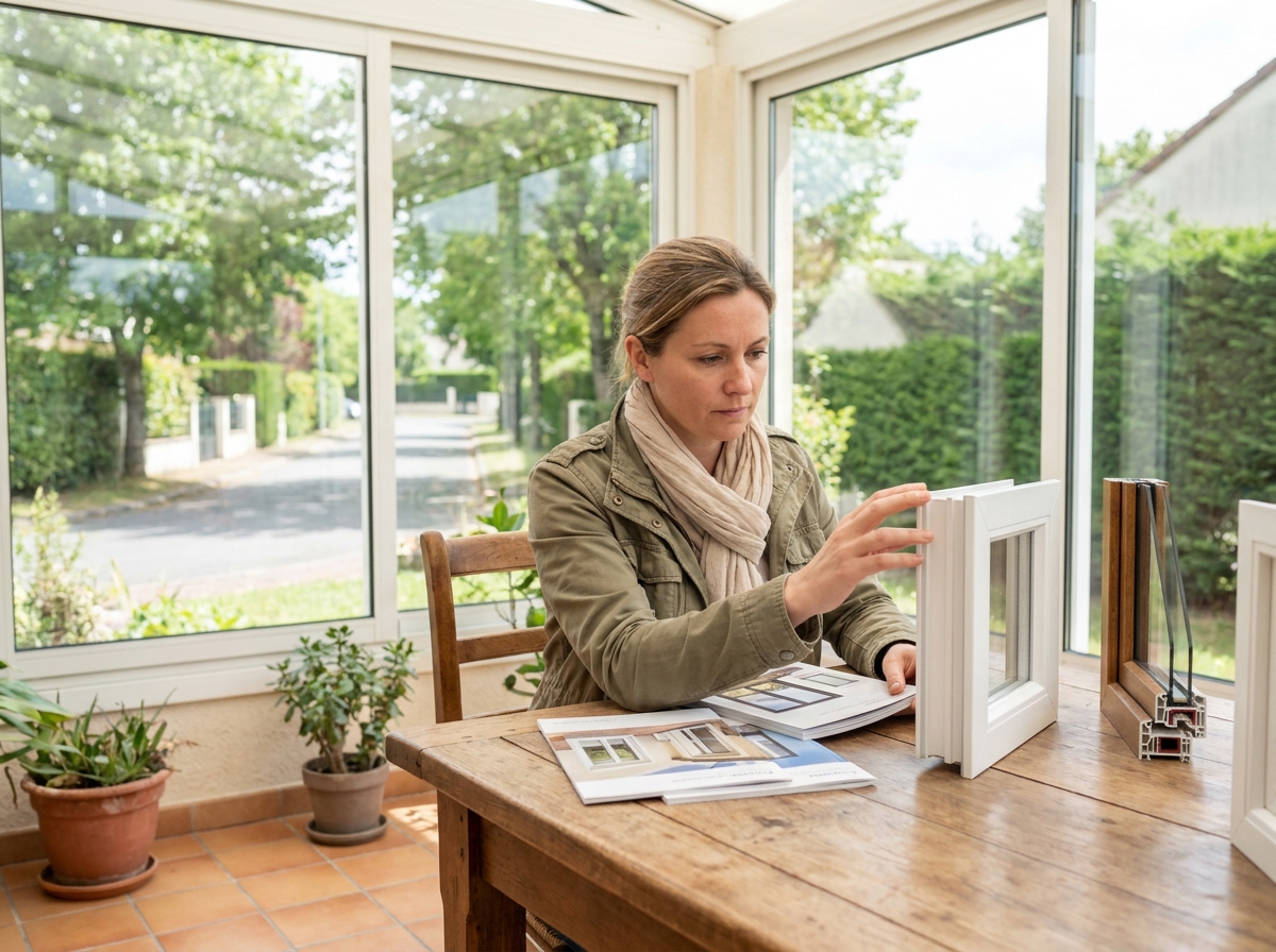 Femme dans une véranda examine des échantillons de fenêtres et brochures