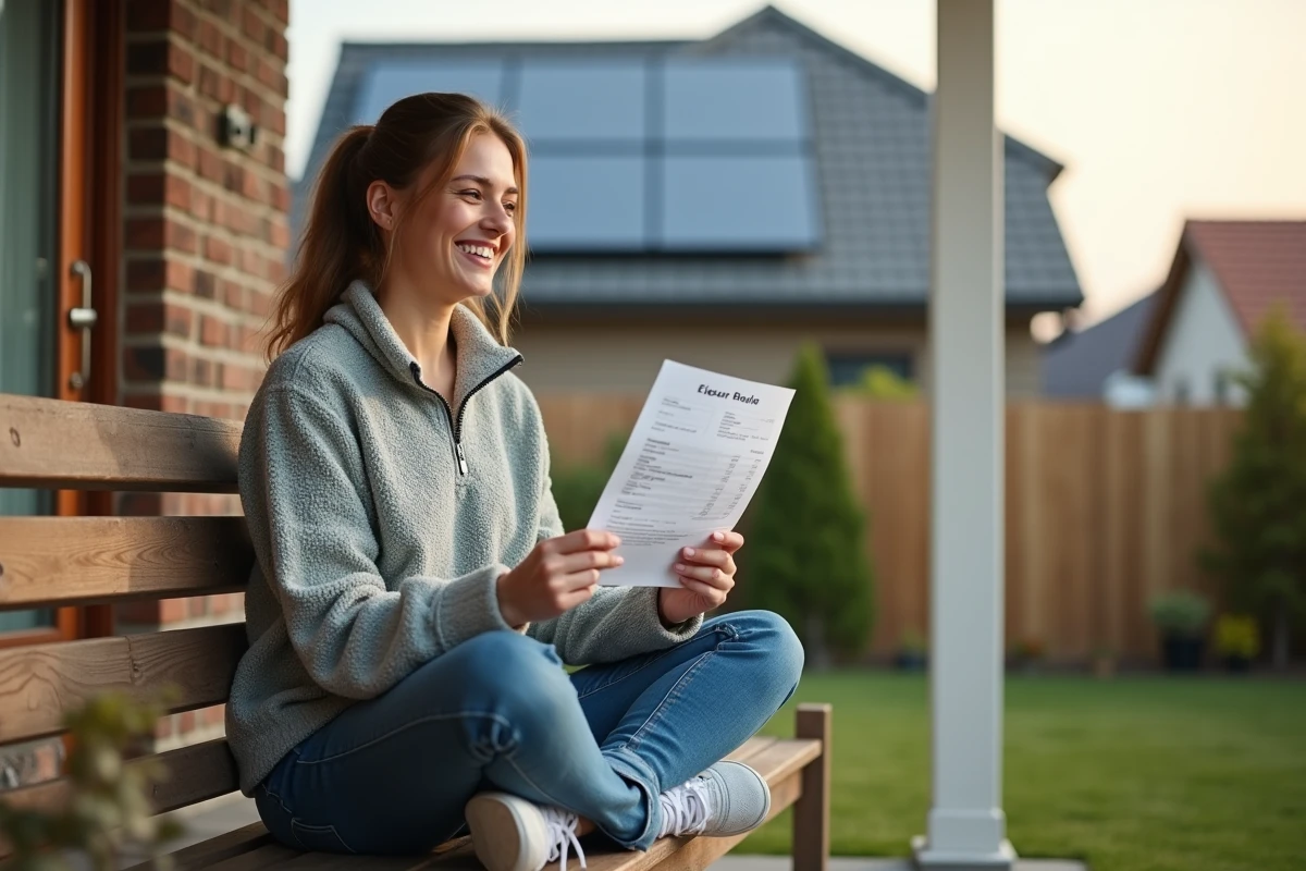 Jeune femme souriante avec facture solaire sur porche