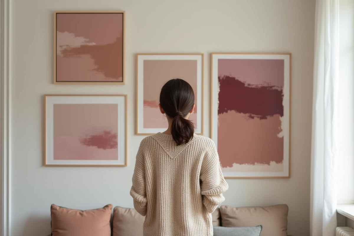 Femme ajustant un tableau aux tons chauds blush et bordeaux sur un mur de galerie dans un appartement moderne