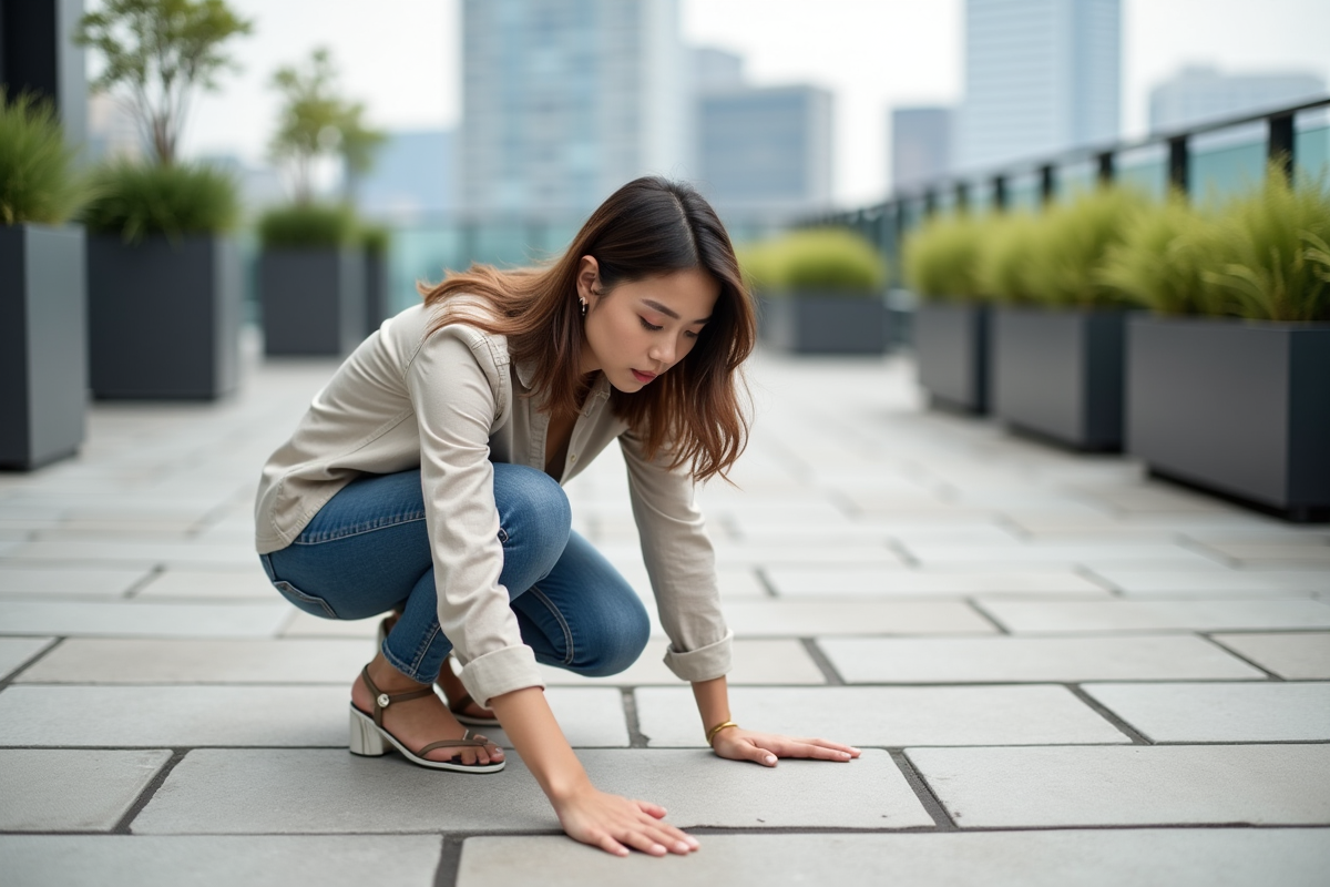 Jeune femme inspectant pavés en terrasse urbaine