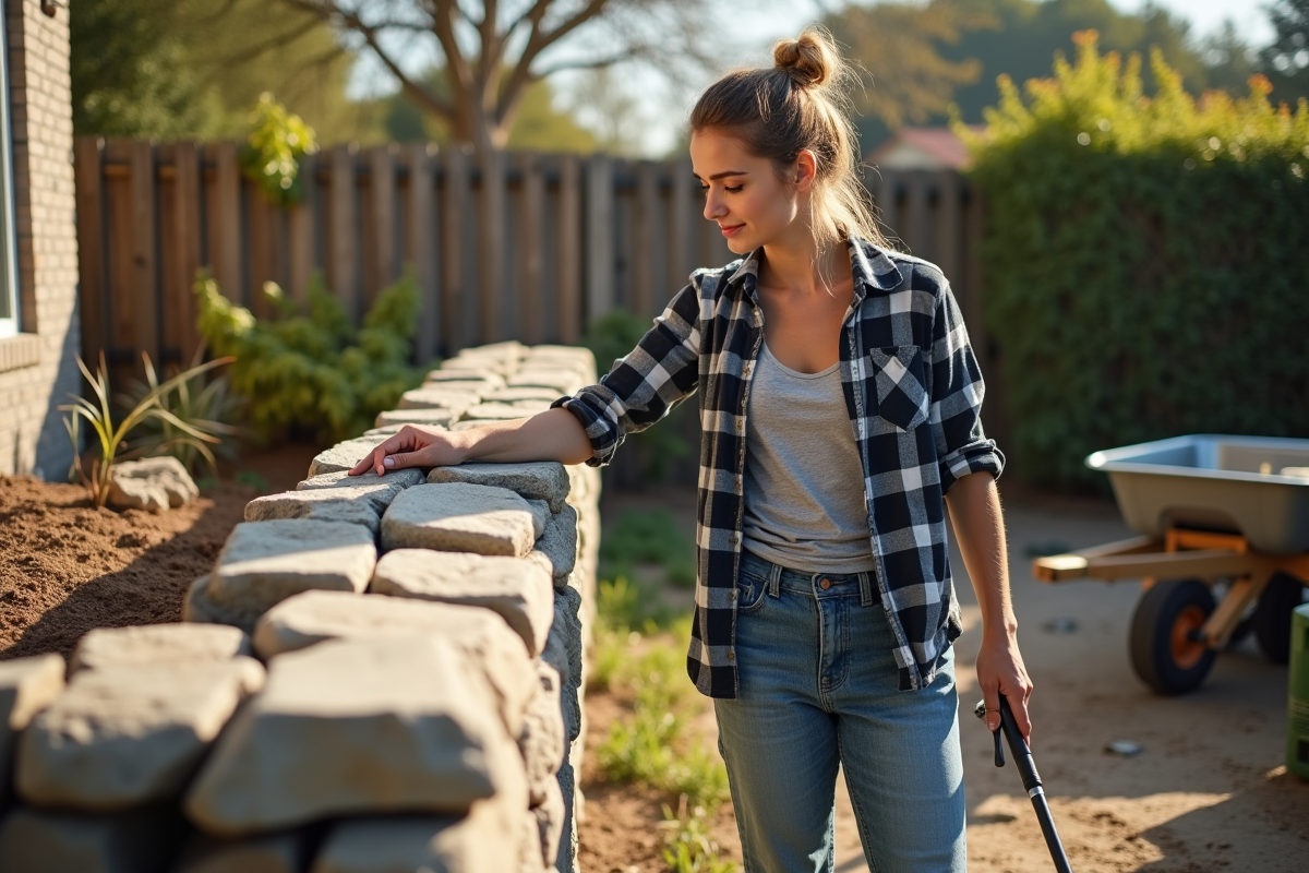 Jeune femme vérifie un mur en pierre dans un jardin ensoleille