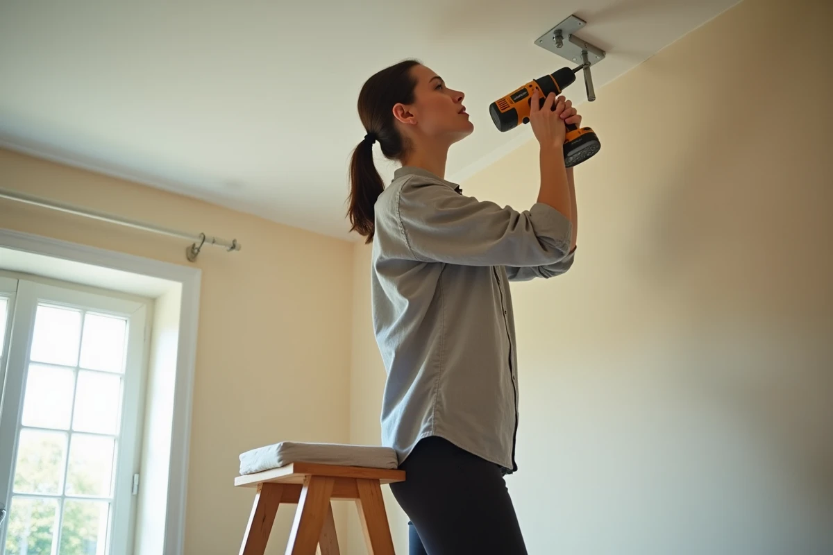 Femme installant une tringle à rideau au plafond bas dans une chambre avec perceuse, solution gain de hauteur visuelle