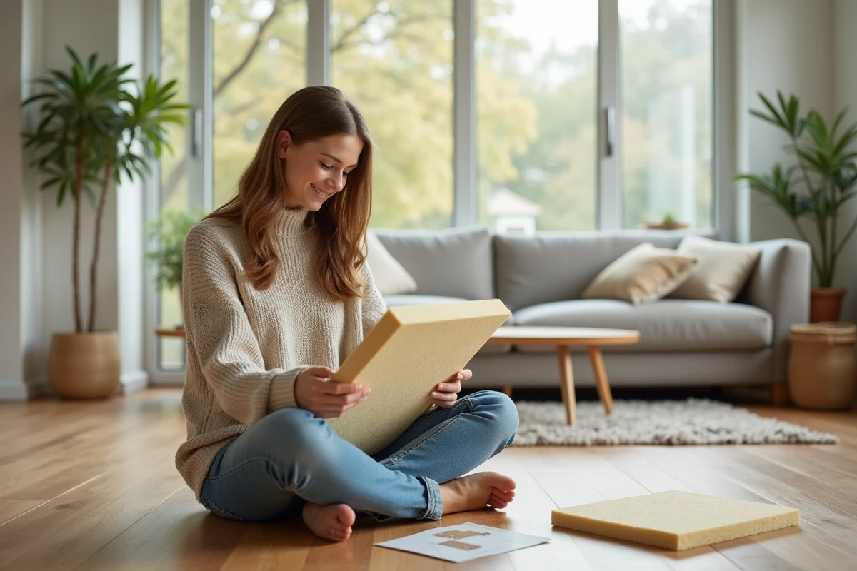 Jeune femme comparant des matériaux d isolation dans un salon