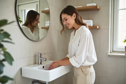 Femme souriante lavant ses mains dans un lavabo moderne