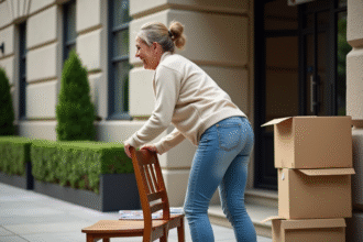 Femme souriante levant une chaise en bois devant un immeuble