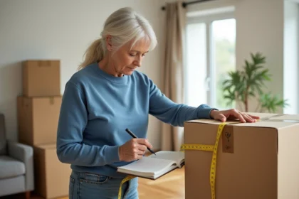 Femme mesurant un carton avec un ruban jaune dans un salon lumineux