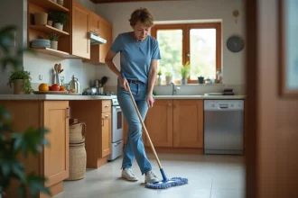 Femme d'âge moyen nettoyant le sol dans une cuisine moderne