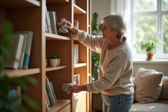 Femme d'âge moyen nettoyant une bibliothèque ensoleillée