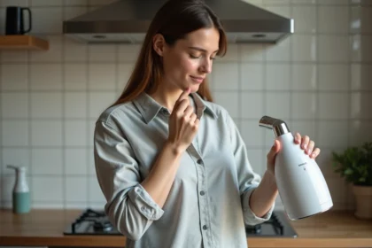 Femme examinant un nettoyeur vapeur dans une cuisine moderne