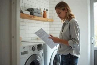 Femme consultant la notice de son lave-linge Whirlpool 6th Sense 9kg dans une buanderie moderne