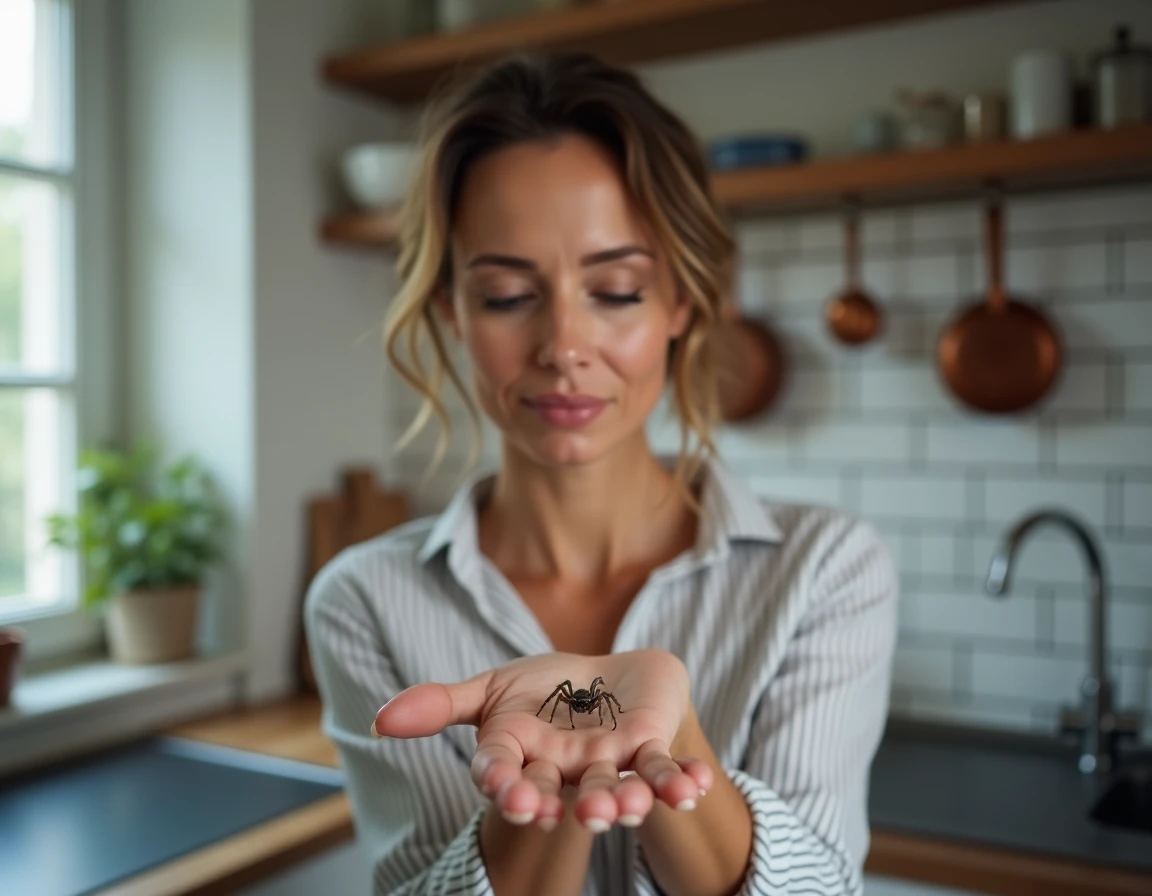 Femme française observant calmement une araignée domestique posée sur sa main dans une cuisine parisienne moderne