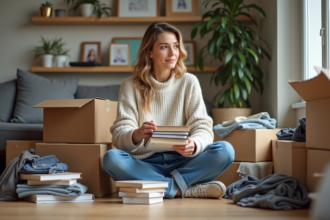 Femme organisée dans son appartement en train de trier des livres