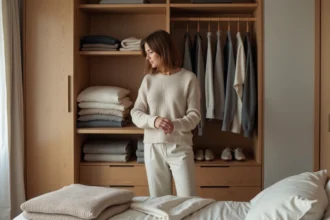 Femme organisant des pulls dans un placard moderne et épuré