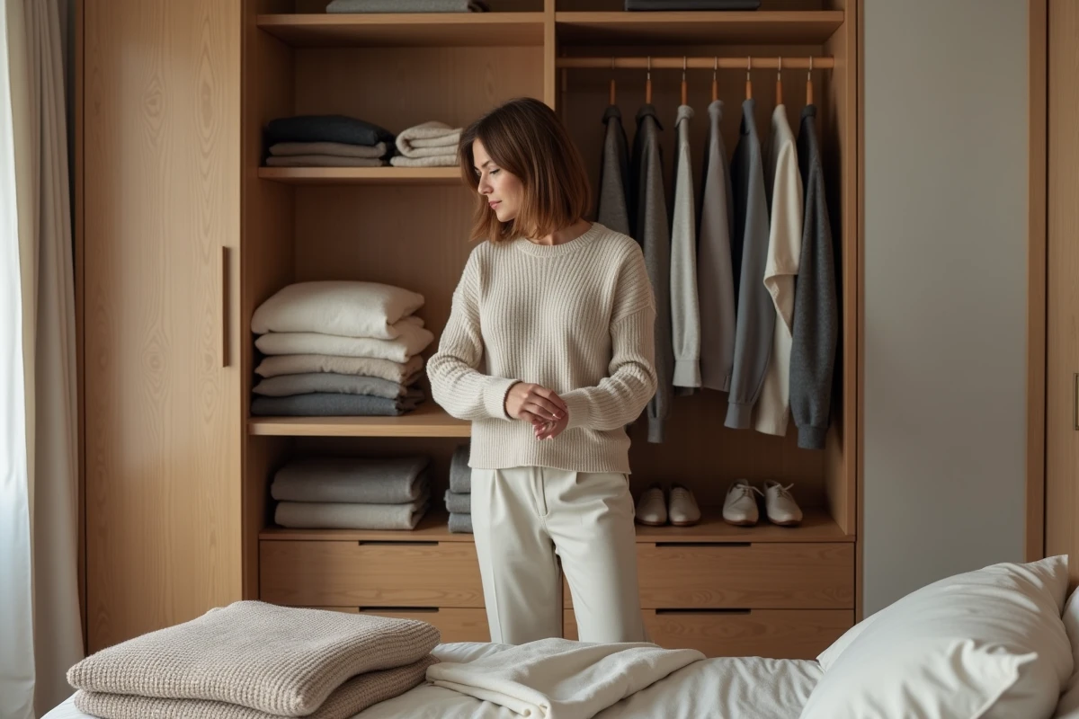 Femme organisant des pulls dans un placard moderne et épuré