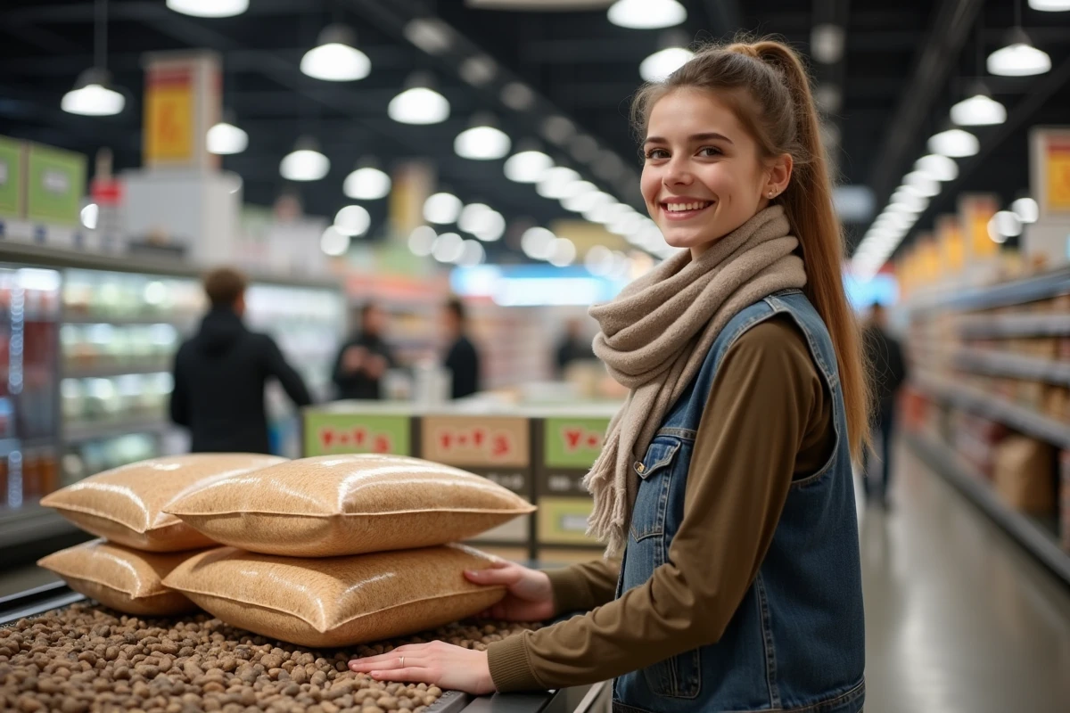 Jeune femme payant ses sacs de pellets de bois à la caisse