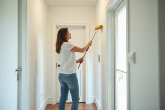 Femme peignant un couloir moderne avec rouleau blanc