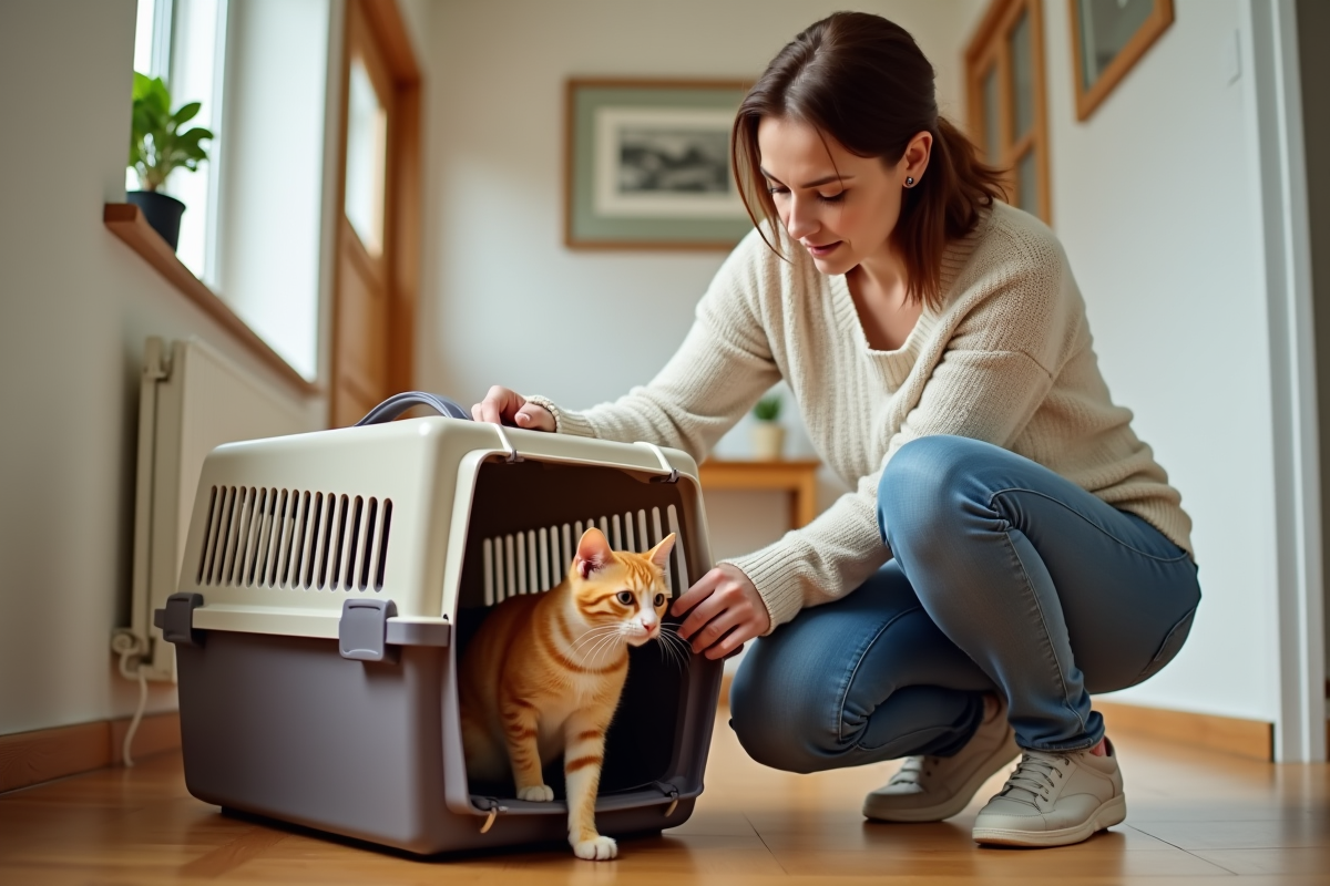 Femme douce plaçant un chat orange dans une cage de transport