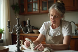 Femme polissant un chandelier en argent dans la cuisine