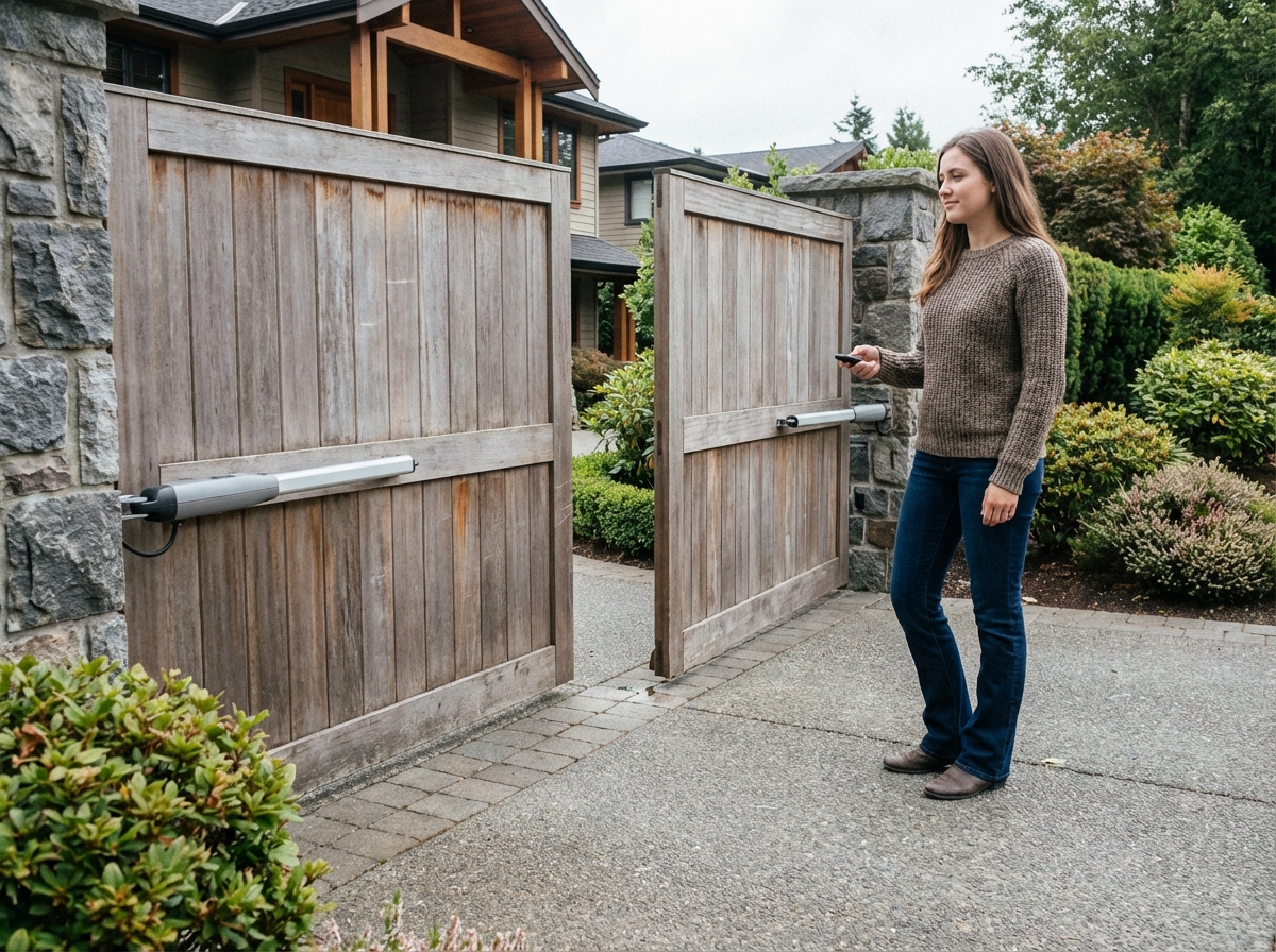Jeune femme utilisant une télécommande pour un portail automatique