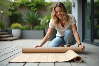 Femme souriante déployant un tapis d'extérieur dans un patio moderne