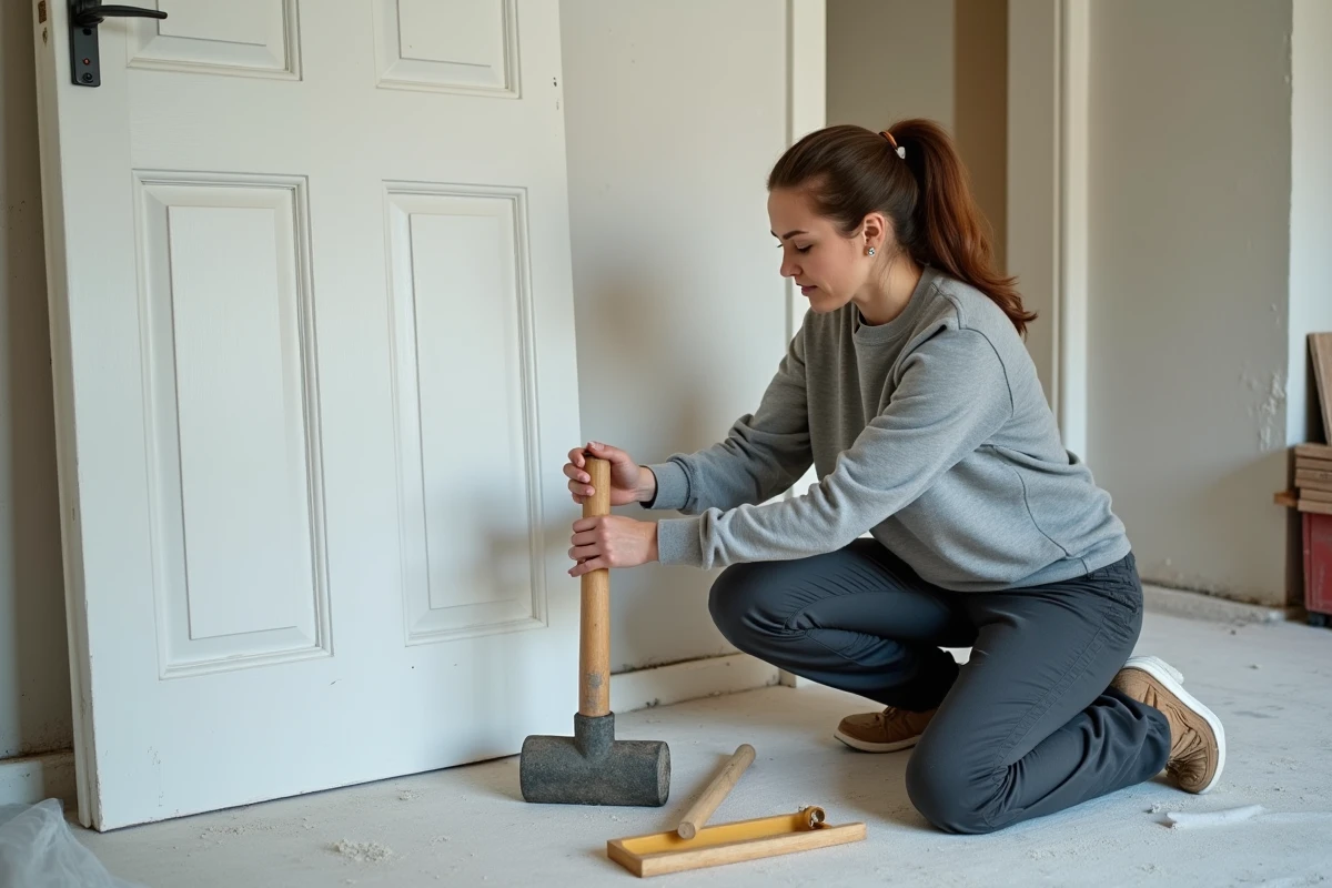 Femme repositionnant la cheville d'un gond sans vis sur une porte blanche dans une pièce en cours de rénovation