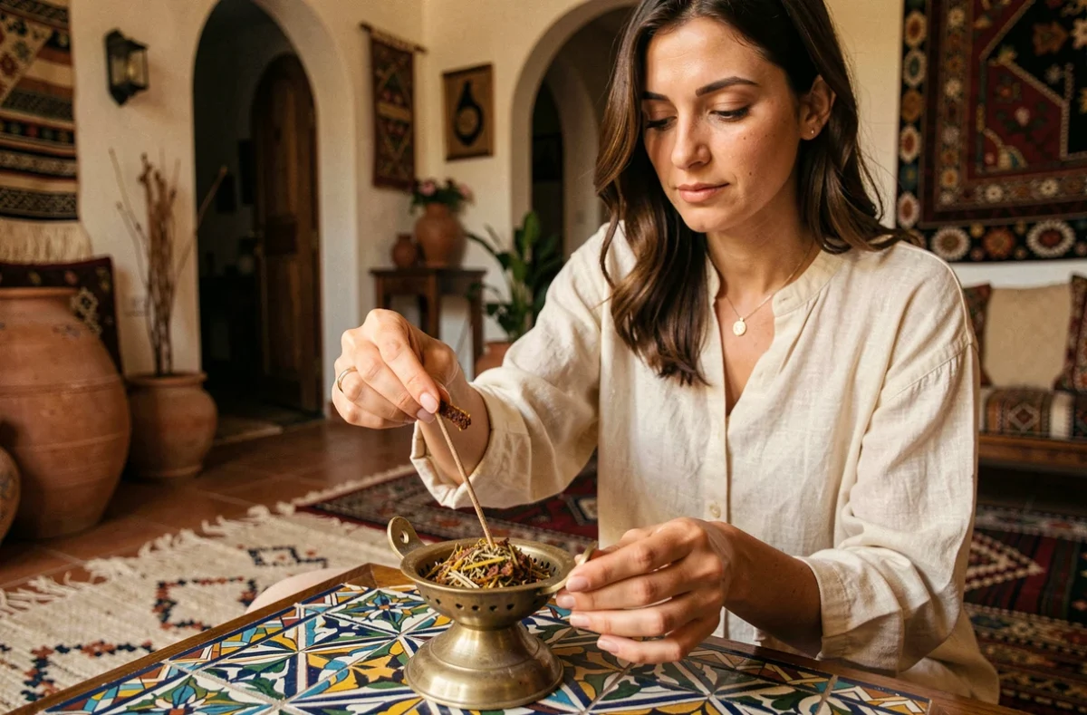 Femme déposant de la résine de bakhour sur un brûleur en laiton traditionnel dans un appartement bohème aux carreaux marocains