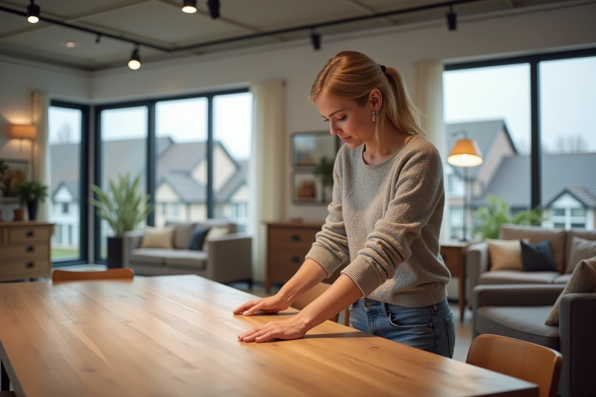Femme touchant une table en bois dans un showroom lumineux