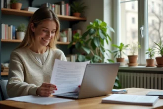 Femme d'âge moyen utilisant un ordinateur portable dans une cuisine parisienne