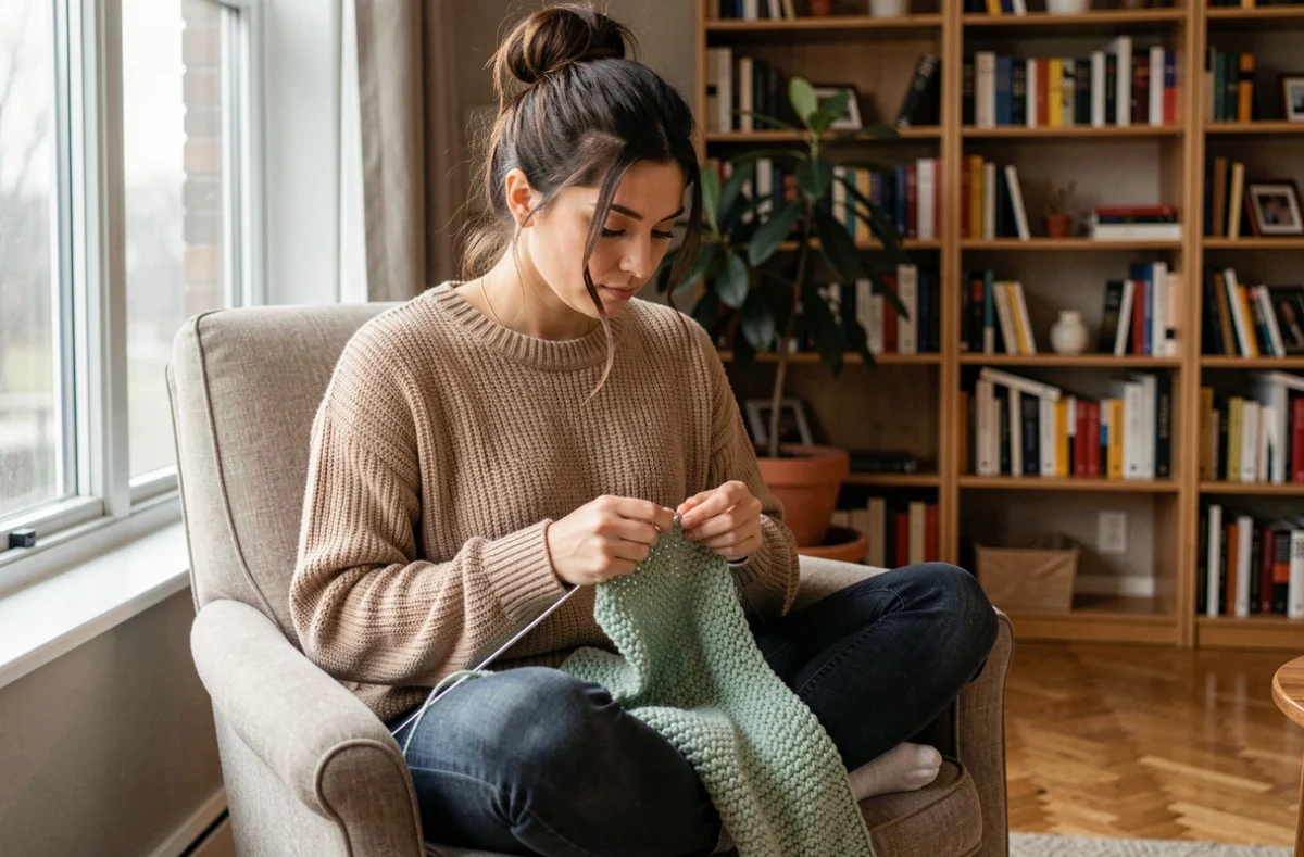 Jeune femme tricotant une couverture naissance en laine Bebecolor vert sauge dans un fauteuil confortable près d'une fenêtre