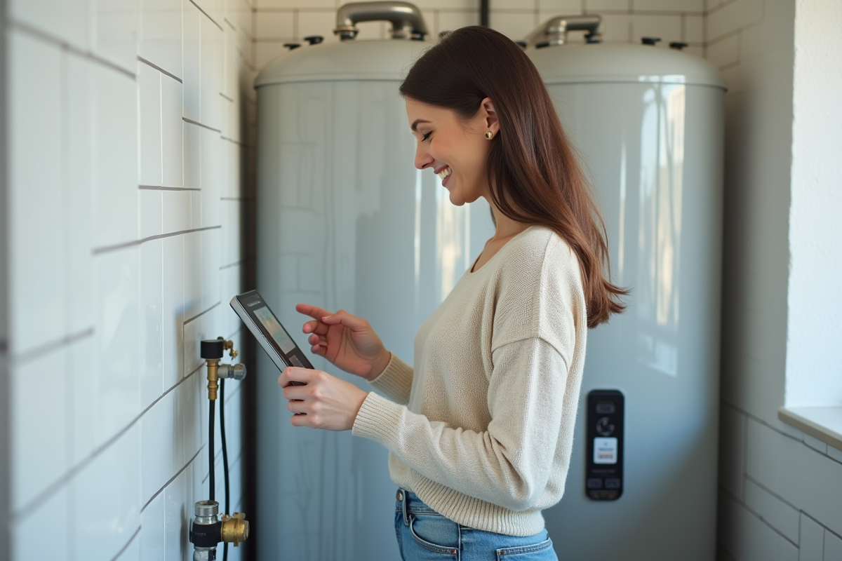 Jeune femme vérifiant un chauffe-eau dans une pièce lumineuse