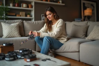 Femme stylée arrangeant bobines de film vintage dans un salon