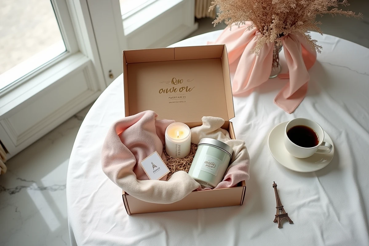 Flat lay de la box cadeau Que J'adore Paris ouverte avec des produits lifestyle français sur marbre blanc