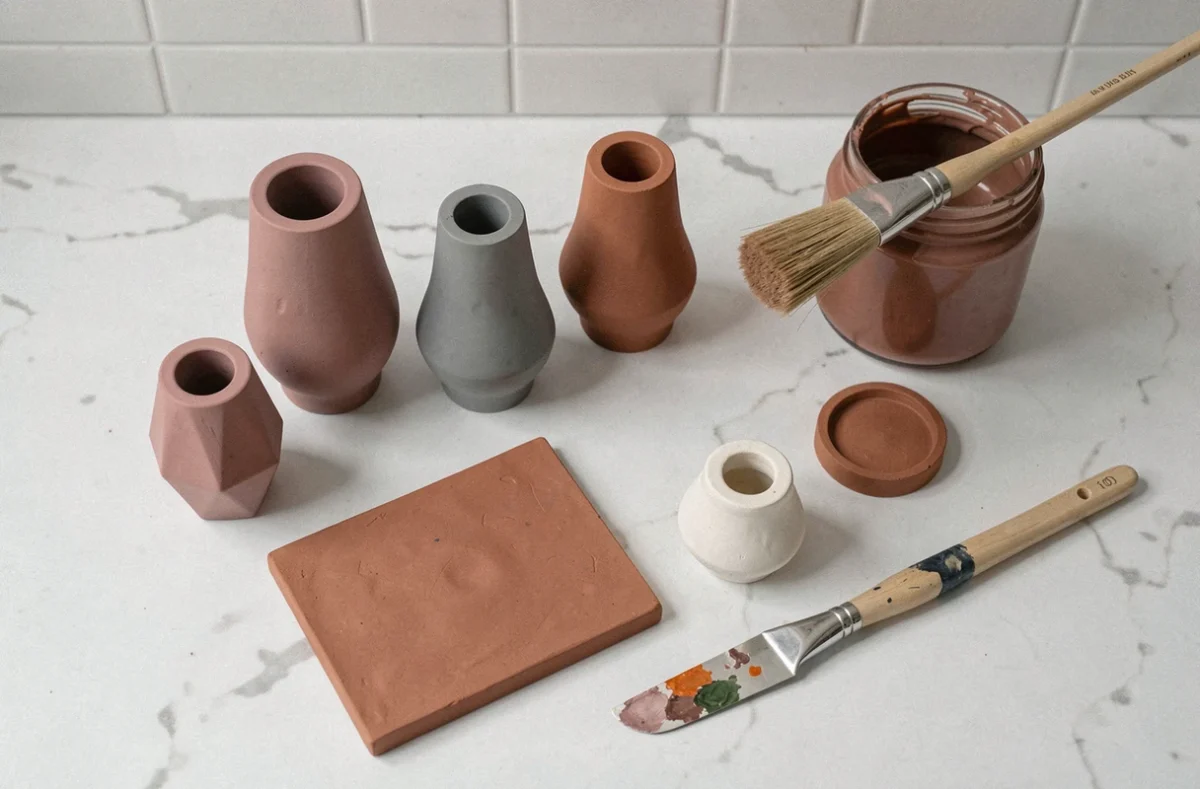 Flatlay de petits objets en argile autodurcissante peints avec des peintures mates modernes dans des tons neutres sur marbre blanc