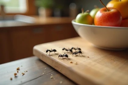 Fourmis noires en gros plan sur un plan de travail en bois dans une cuisine, méthodes naturelles anti-nuisibles