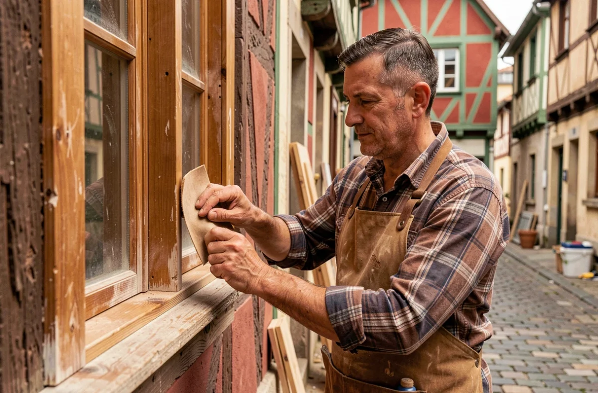 Artisan Franck Butet ponçant un cadre de fenêtre en bois restauré sur une façade de maison basque traditionnelle à Bayonne