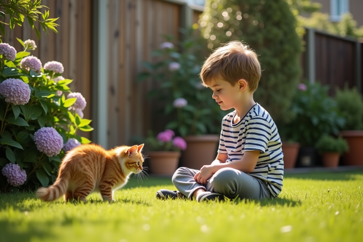 Garçon regardant son chat dans un jardin ensoleille