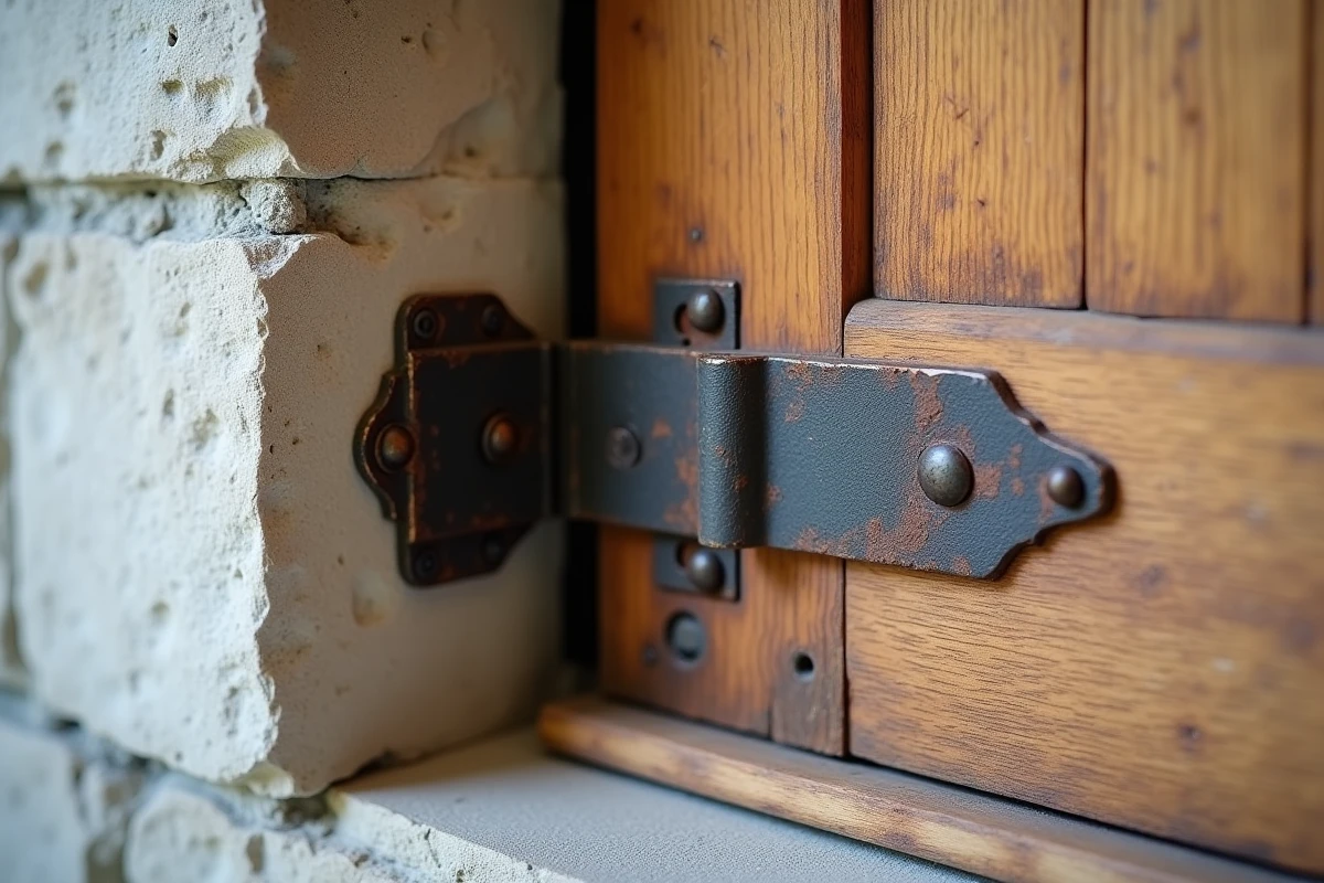 Gros plan sur un gond sans vis en fonte patinée sur une porte en chêne massif lors d'une rénovation de maison ancienne