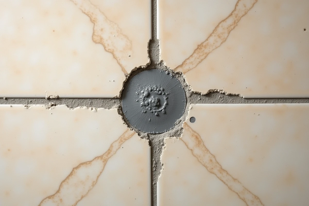 Gros plan sur un joint époxy appliqué par-dessus un ancien joint de carrelage de sol en cuisine, montrant la différence de texture et de relief